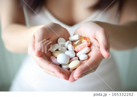 Abundance of Pills in Woman's Hand. The Concept of Medicine and Mental Issues. Generative Ai. 105332202