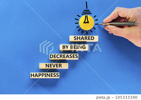 Happiness symbol. Concept words Happiness never decreases by being shared on wooden block. Businessman hand. Beautiful blue table blue background Motivational Happiness concept. Copy space. 105333390