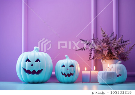 Interior of the house decorated for Halloween in pastel colors. Pumpkins and candles. AI generated Interior of the house decorated for Halloween in pastel colors. Pumpkins and candles. AI generated 105333819
