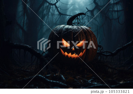 Halloween pumpkin in a mystic forest at night....のイラスト素材 [105333821 ...