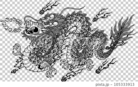 2024年龍年賀年片素材《滑稽的龍插畫》黑白 105333913