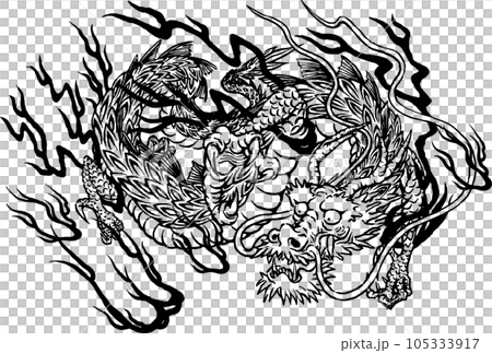 2024年辰年用年賀状素材「日本画風の龍のイラスト」白黒の