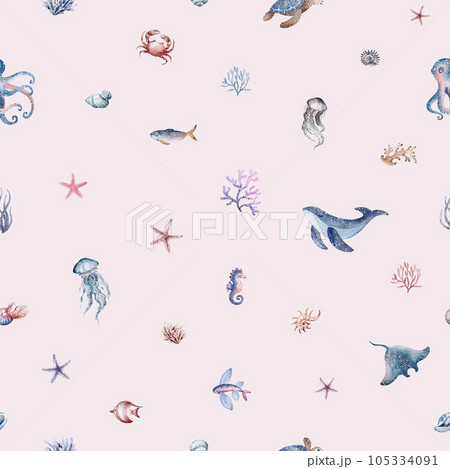 Marine seamless pattern marine animals, corals, plants, seashell, starfish, octopus, seahorse, algae, turtle. Watercolor marine background. Marine seamless pattern marine animals, corals, plants, seashell, starfish, octopus, seahorse, algae, turtle. Watercolor marine background. 105334091