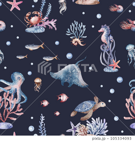 Marine seamless pattern marine animals, corals, plants, seashell, starfish, octopus, seahorse, algae, turtle. Watercolor marine background. 105334093