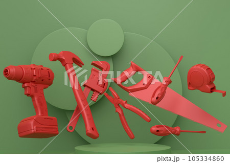 Abstract scene or podium with carpenters tools on monochrome background Abstract scene or podium with carpenters tools on monochrome background 105334860
