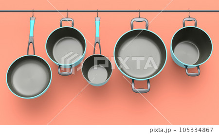 Set of stewpot, frying pan and chrome plated cookware hanging on shelf on pink Set of stewpot, frying pan and chrome plated cookware hanging on shelf on pink 105334867