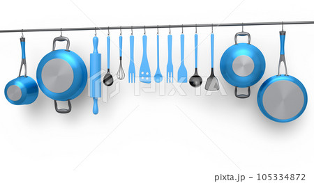 Set of kitchen utensil, stewpot, frying pan and chrome cookware hanging on shelf 105334872