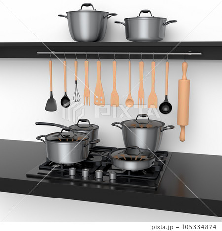 Set of kitchen utensil, stewpot, frying pan and chrome cookware hanging on shelf Set of kitchen utensil, stewpot, frying pan and chrome cookware hanging on shelf 105334874