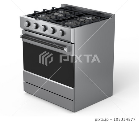 Kitchen electric stove or gas cooker with burning flames of propane gas on white 105334877