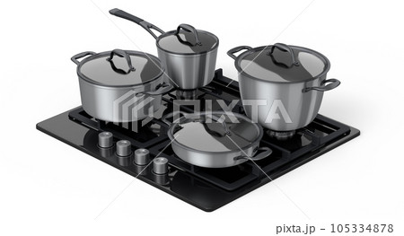 Kitchen electric stove or gas cooker with burning flames of propane gas on white 105334878