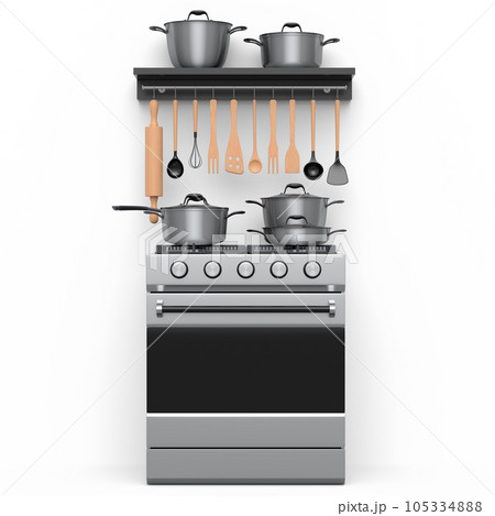 Set of kitchen utensil, stewpot, frying pan and chrome cookware hanging on shelf 105334888