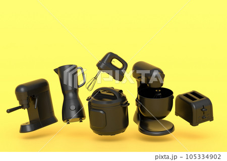 Kitchen appliances and utensils for making breakfast on monochrome background Kitchen appliances and utensils for making breakfast on monochrome background 105334902