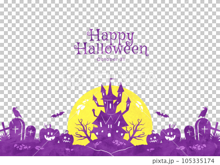 Halloween background frame Watercolor illustration of castle, moon and pumpkin (white background) 105335174