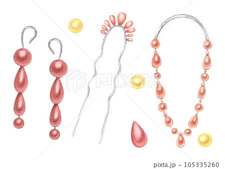 Set of female accessories. Vintage Hairpins, dangle Earrings, necklace. Bijouterie with pearls. Watercolor illustration isolated on white background. For wedding design, label, flyer 105335260