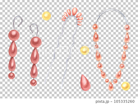 Set of female accessories. Vintage Hairpins, dangle Earrings, necklace. Bijouterie with pearls. Watercolor illustration isolated on white background. For wedding design, label, flyer 105335260