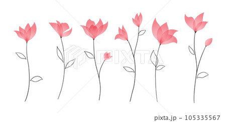 赤い花びらと黒の線画による花のカットイラスト. 花の素材セット. 105335567