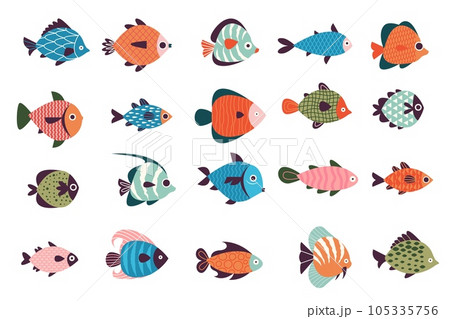 Exotic fish collection. Cartoon marine underwater wildlife, colorful ocean life characters, fish zoo decor and wildlife concept. Vector set Exotic fish collection. Cartoon marine underwater wildlife, colorful ocean life characters, fish zoo decor and wildlife concept. Vector set 105335756