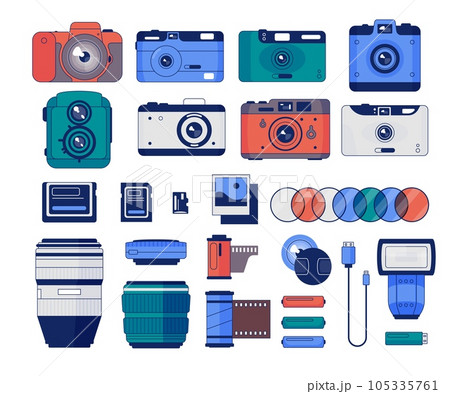 Camera and accessories. Camera equipment tripod and filters, dslr with lens and flash, photography camera accessories flat style. Vector set Camera and accessories. Camera equipment tripod and filters, dslr with lens and flash, photography camera accessories flat style. Vector set 105335761