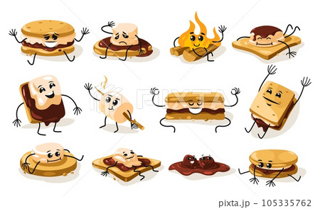 Cartoon smore characters. Cute toasted marshmallow faces with sweet smiles, funny children mascots with roasted sweet snack. Vector isolated set 105335762