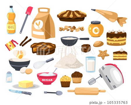 Baked food and ingredients. Cartoon sweet master class, dough doughnuts, cookie dough, cake and pastry baking tools. Vector isolated set 105335763