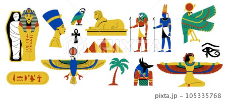 Egyptian symbols set. Ancient egyptian hieroglyphs, papyrus and paper decorative elements, ancient mythology and culture. Vector collection 105335768