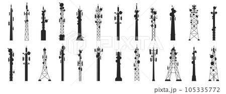 Radio mast silhouettes. Outline broadcast antenna towers, communication technology technology equipment. Vector set 105335772