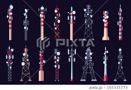 Communication tower. Telecom relay antenna with mobile phone signal, cell phone signal, internet connection, mobile broadband. Vector illustration Communication tower. Telecom relay antenna with mobile phone signal, cell phone signal, internet connection, mobile broadband. Vector illustration 105335773