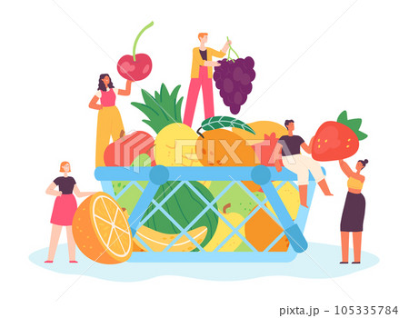 Tiny people with fruits and berries. Basket full of organic food as mango, watermelon, apple and pear 105335784