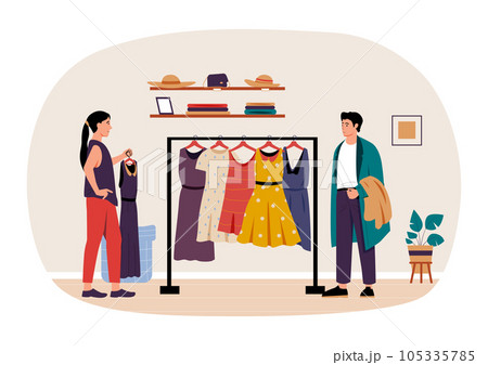 Shopping and buying concept. Woman choosing dress in store. Customer purchasing clothes in retail shop. Cartoon buyer Shopping and buying concept. Woman choosing dress in store. Customer purchasing clothes in retail shop. Cartoon buyer 105335785