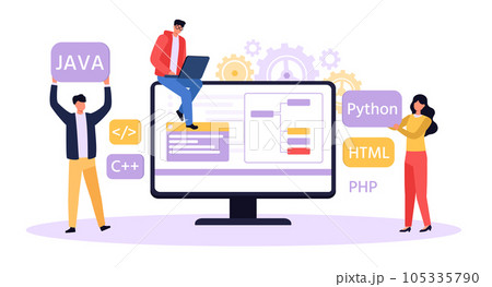 Programmer and designer developing website. Software developer writing python, java, html code. Man working on laptop 105335790