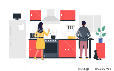 People cooking at home. Husband and wife preparing food in kitchen together. Woman making soup on stove People cooking at home. Husband and wife preparing food in kitchen together. Woman making soup on stove 105335794