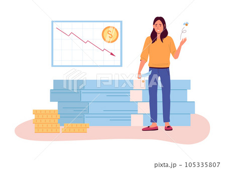 Financial crisis. Disappointed person showing empty pockets. Market fall, cart showing arrow going down. Economy collapse concept 105335807