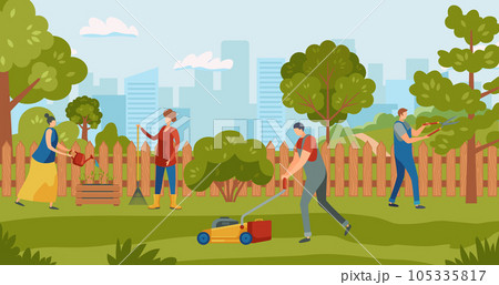 Caring for plants in greenhouse. Gardener characters growing plants. Women watering plants, men cutting leaves on trees Caring for plants in greenhouse. Gardener characters growing plants. Women watering plants, men cutting leaves on trees 105335817