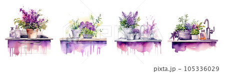Watercolor illustration of houseplants in kitchen sink. Generative ai 105336029