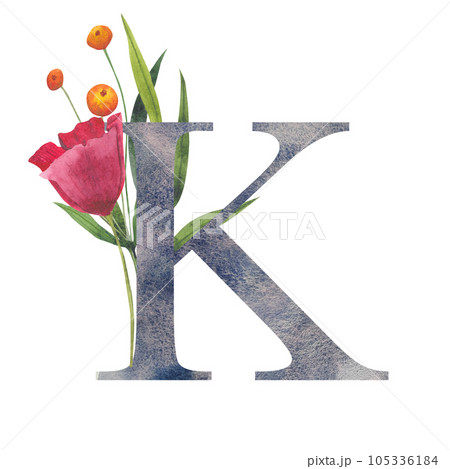 Letter K with watercolor wildflowers. Floral alphabet, set isolated letters with botanical bouquet. monogram initials perfectly for wedding invitation, birthday, greeting card and other design. 105336184