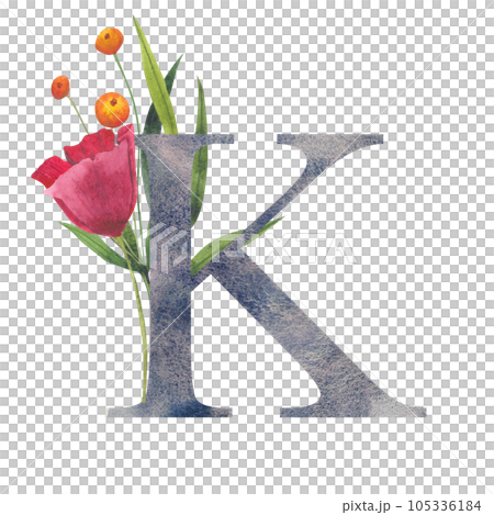 Letter K with watercolor wildflowers. Floral alphabet, set isolated letters with botanical bouquet. monogram initials perfectly for wedding invitation, birthday, greeting card and other design. 105336184