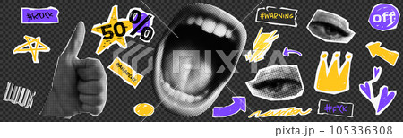Collage element with like hand and eyes and scream mouth and doodle element. Vintage vector set. 105336308