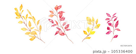 水彩画。水彩タッチの秋の紅葉ベクターイラスト。秋の葉っぱナチュラル背景。 105336400