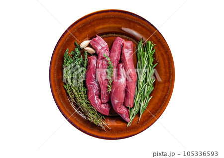 Uncooked Raw lamb tenderloin Fillet Meat in rustic plate with thyme and rosemary. High quality Isolate, white background. 105336593
