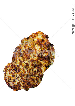 Potato pancakes with herbs and salt on wooden board. High quality Isolate, white background. Potato pancakes with herbs and salt on wooden board. High quality Isolate, white background. 105336606