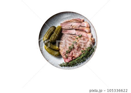 Barbecue dinner - Pork steaks from neck meat in plate with hebs. High quality Isolate, white background. 105336622