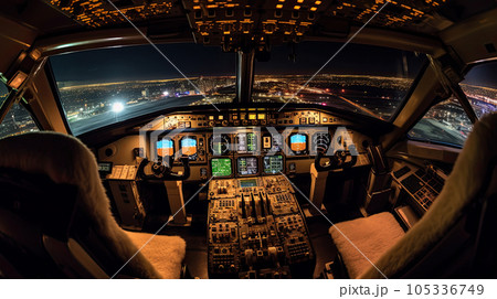 Cockpit pilot Flight Deck display. Throttle jet cabin with control panel plane Cockpit pilot Flight Deck display. Throttle jet cabin with control panel plane 105336749