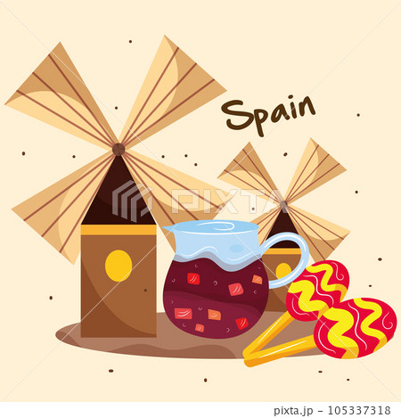 Windmills with a pair of maracas and cold tea Spain culture template Vector Windmills with a pair of maracas and cold tea Spain culture template Vector 105337318