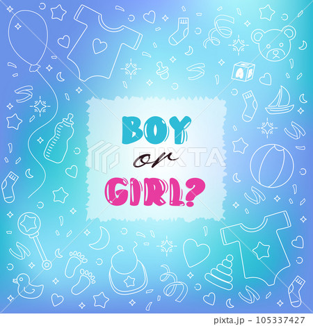 Gender Reveal Party Boy or Girl blue square background banner for baby shower. Stock vector illustration in doodle style white lements on mesh blurry background. Gender Reveal Party Boy or Girl blue square background banner for baby shower. Stock vector illustration in doodle style white lements on mesh blurry background. 105337427