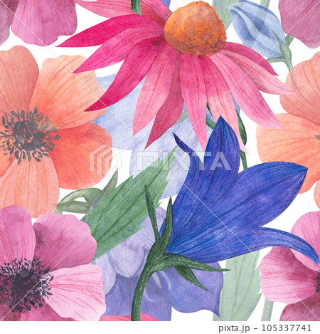 Watercolor seamless pattern with floral wildflowers, bluebell buds, anemones, cosmea flower, echinacea for textile or wallpapers, illustration in provence style 105337741