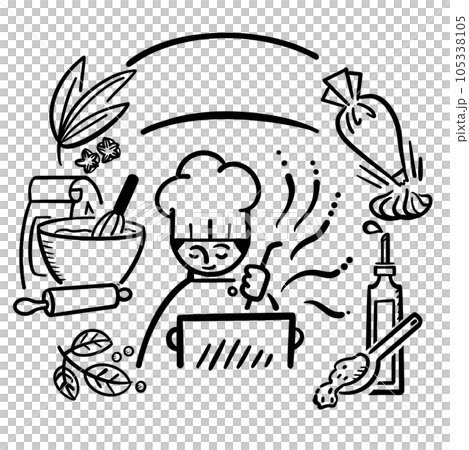 Material illustrations of chefs, ingredients, and tools Material illustrations of chefs, ingredients, and tools 105338105