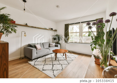 a living room with wood flooring and white walls, plants in vases on the side of the couch 105338415