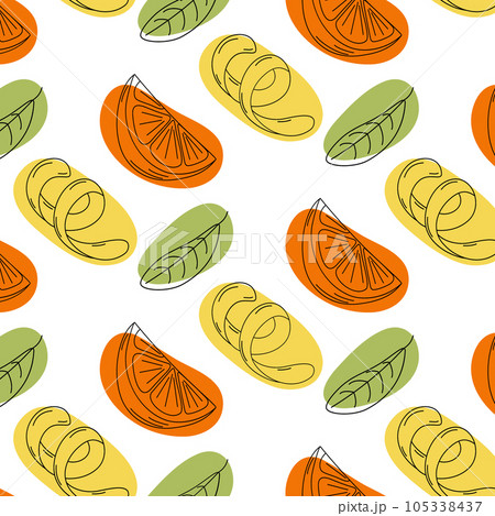 Seamless pattern of lemon zest, orange slice and green leaf with colorful spots in trendy shades. Seamless pattern of lemon zest, orange slice and green leaf with colorful spots in trendy shades. 105338437