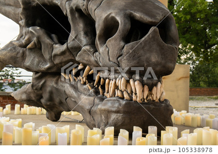 Bones and sword skull dragon defeated with candles. Concept of Halloween Death day sacrifice ritual. Bone of head mammal. House of the Dragon series 105338978