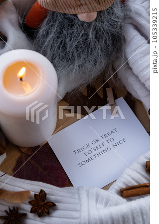 TRICK OR TREAT YOURSELF TO SOMETHING NICE text greeting card concept Celebrating halloween autumn holidays at cozy home on the windowsill Hygge aesthetic atmosphere Autumn leaves gnome spices and 105339215